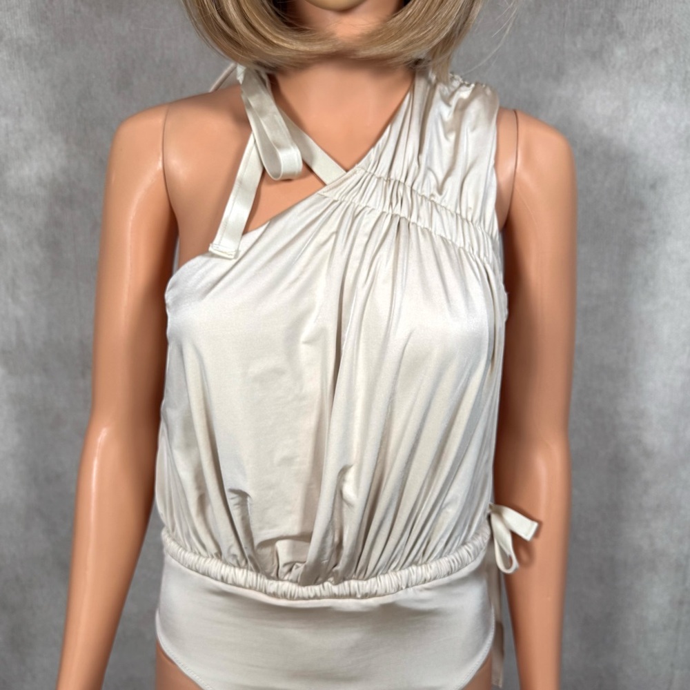 10 Crosby Derek Lam Cream Ruched Asymmetrical Bodysuit
